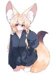  1girl animal_ears black_jacket blonde_hair blush commentary_request cowboy_shot dot_mouth fox_ears fox_girl fox_tail hand_up highres hood hood_down hooded_jacket jacket large_ears long_hair megateru original red_eyes simple_background sleeves_past_fingers sleeves_past_wrists tail white_background 