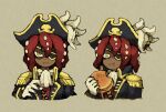  1boy ascot black_coat coat cropped_torso eating epaulettes eyepatch food gloves high_collar holding holding_food horizontal_pupils looking_at_viewer maniani octopus_boy octopus_print original pirate redhead straight-on tentacle_hair white_ascot yellow_eyes 