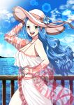  1girl alternate_costume bare_shoulders blue_hair blush clouds cloudy_sky commentary_request hand_on_headwear hat long_hair looking_at_viewer musasabiop nefertari_vivi ocean one_piece open_mouth outdoors sky smile solo teeth water 
