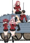  4girls angry black_eyes black_footwear black_hair black_skirt black_wrist_cuffs bob_cut boots breasts closed_eyes collared_shirt cranberry_(girls_und_panzer) cup girls_und_panzer hair_over_one_eye half-closed_eyes head_tilt highres holding holding_cup holding_plate inverted_bob jacket leg_up long_hair long_sleeves looking_at_viewer looking_to_the_side medium_breasts military_vehicle motor_vehicle multiple_girls nao_(nao_puku777) on_vehicle peach_(girls_und_panzer) pink_hair plate pointy_hair red_jacket red_shirt redhead rosehip_(girls_und_panzer) shirt short_hair simple_background skirt smile st._gloriana&#039;s_military_uniform standing tank teacup tongue tongue_out vanilla_(girls_und_panzer) white_background 