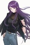  1girl aoki_shizumi black_jacket black_nails black_shirt cigarette closed_mouth denim grey_background grey_pants gundou_mirei hand_on_own_hip highres holding holding_cigarette jacket jeans long_hair nijisanji pants purple_hair shirt sketch solo violet_eyes virtual_youtuber 