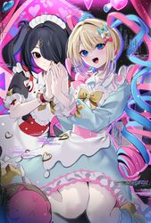  1girl :d ame-chan_(needy_girl_overdose) black_eyes black_hair blue_dress blue_eyes blue_nails blue_ribbon bow chouzetsusaikawa_tenshi-chan commentary dress glitch hair_bow hair_ornament hair_over_one_eye hair_ribbon hairclip hands_up heart highres holding_hands jihya looking_at_viewer maid_headdress needy_girl_overdose pink_nails pink_ribbon ribbon short_hair short_sleeves smile symbol-only_commentary twintails yellow_bow yellow_nails 