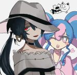  2girls bare_shoulders black_choker blue_eyes blue_hair blush blush_stickers bright_pupils choker collared_shirt colored_eyelashes commentary dress dual_persona earrings english_commentary fairy_miku_(project_voltage) fedora galarian_zigzagoon ghost_miku_(project_voltage) gitgazi grey_background grey_dress grey_headwear hair_between_eyes half-closed_eyes happy hat hatsune_miku heart heart_choker jewelry jigglypuff long_hair looking_at_viewer multicolored_eyes multicolored_hair multiple_girls off-shoulder_dress off_shoulder one_eye_closed open_mouth pink_choker pink_eyes pink_hair pink_shirt pokemon pokemon_(creature) project_voltage red_eyes shirt sidelocks simple_background smile standing sweat twintails two-tone_hair upper_body vocaloid white_pupils 