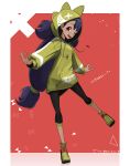  1girl ;d absurdres alternate_color black_hair black_pants border commentary eriott eyelashes full_body happy highres hood hood_up hoodie iris_(pokemon) long_hair long_sleeves low-tied_long_hair one_eye_closed open_mouth pants pokemon pokemon_masters_ex red_background red_eyes shoes smile solo teeth tongue upper_teeth_only yellow_footwear yellow_hoodie 