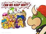  1girl 6+boys blonde_hair blue_hair bowser bowser_jr. crown dress elbow_gloves english_text gloves green_hair highres iggy_koopa kairy_draws koopalings larry_koopa lemmy_koopa long_hair ludwig_von_koopa mario_power_tennis mario_tennis morton_koopa_jr. multiple_boys multiple_girls pointy_ears roy_koopa short_hair spikes super_mario_bros. warupeach wendy_o._koopa white_background 