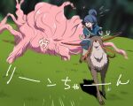 2girls animal archery arrow_(projectile) blue_hair blush bow_(weapon) closed_eyes deer grass hair_bun hakama hakama_skirt highres holding holding_arrow holding_bow_(weapon) holding_weapon japanese_clothes kagamihara_nadeshiko long_hair mononoke_hime multiple_girls open_mouth outdoors parody pink_hair riding scene_reference shima_rin single_hair_bun skirt smile very_long_hair weapon yasu_(pixiv) yurucamp