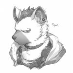  1boy arknights ear_piercing eyebrow_piercing furry furry_male goshiki highres hyena_boy hyena_ears infection_monitor_(arknights) looking_at_viewer male_focus monochrome piercing portrait solo spot_(arknights) white_background 