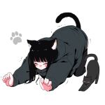  1girl animal_ears black_cat black_hair black_thighhighs blunt_bangs blush cat cat_ears cat_girl cat_stretch cat_tail closed_eyes commentary_request dot_nose full_body grey_hoodie highres hood hoodie megateru nose_blush original oversized_clothes partial_commentary paw_print solo stretching tail thigh-highs white_background 
