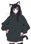  1girl ahoge animal_ears black_eyes black_hair black_hoodie blush cat cat_ears cat_girl cat_tail commentary_request cowboy_shot drawstring eyelashes hair_over_shoulder hands_on_own_hips highres hood hoodie long_hair looking_at_viewer megateru messy_hair original oversized_clothes puff_of_air simple_background sleeves_past_wrists smile solo tail tareme thigh-highs white_background zettai_ryouiki 