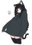  1girl ahoge animal_ears black_eyes black_hair black_hoodie black_shorts blush bright_pupils cat_ears cat_girl cat_tail clothes_pull commentary_request eyelashes happy highres hood hoodie leaning_back long_hair looking_at_viewer medium_bangs megateru messy_hair original oversized_clothes paw_print shorts simple_background skindentation sleeves_past_wrists smile solo tail tareme thigh-highs very_long_hair white_background white_pupils 