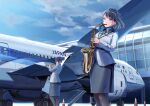  2girls aircraft airplane airport all_nippon_airways black_hair black_pantyhose black_skirt blue_sky brown_eyes clouds commentary_request day flight_attendant flute grey_jacket hair_bun highres instrument jacket long_sleeves multiple_girls music original outdoors pantyhose pencil_skirt playing_instrument png_pant_(bus) saxophone second-party_source short_hair single_hair_bun skirt sky stairs standing traffic_cone travel_attendant 