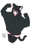 1girl ahoge animal_ears arms_up black_eyes black_hair black_hoodie blush bright_pupils cat_ears cat_girl cat_tail commentary_request cowboy_shot drawstring eyelashes highres hood hoodie long_hair looking_down megateru messy_hair original oversized_clothes simple_background sleeves_past_wrists smile solo tail tareme thigh-highs white_background white_pupils zettai_ryouiki 