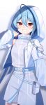  1girl aamana0 ahoge belt blue_belt blue_hair blue_trim blush commission grin hair_ornament hairclip highres hood hood_up hooded_jacket jacket long_sleeves original red_eyes short_hair skeb_commission smile solo white_jacket 