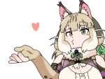  1girl animal_ears bare_shoulders blowing_kiss camouflage cat_ears cat_girl cat_tail elbow_gloves extra_ears fingerless_gloves gloves green_eyes grey_hair heart highres jacket jungle_cat_(kemono_friends) kemono_friends kemono_friends_v_project long_hair looking_at_viewer mcgunngu microphone parody ribbon shirt simple_background solo sousou_no_frieren tail twintails upper_body virtual_youtuber 