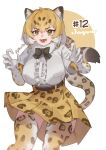  1girl absurdres animal_ears black_bow black_bowtie blonde_hair bow bowtie center_frills elbow_gloves fangs frills fur_collar gloves hair_between_eyes high-waist_skirt highres jaguar_(kemono_friends) jaguar_ears jaguar_girl jaguar_print jaguar_tail jknor kemono_friends looking_at_viewer open_mouth print_gloves print_skirt print_thighhighs shirt short_hair short_sleeves sidelocks skirt solo tail thigh-highs white_fur white_gloves white_hair white_shirt yellow_eyes 