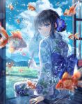  1girl arm_support black_hair blue_eyes blue_flower blue_kimono blue_sky blurry clouds cloudy_sky commentary_request depth_of_field fish floral_print_kimono flower from_behind hair_bun hair_flower hair_ornament hand_fan hand_up highres holding holding_fan japanese_clothes kimono koi long_sleeves looking_at_viewer looking_back obi obiage obijime original paper_fan parted_lips sakura_(39ra) sash sidelocks single_hair_bun sitting sky smile solo tatami uchiwa water_drop 