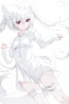  1girl absurdres ahoge animal_ears belt chest_belt collared_dress dress expressionless highres original pink_eyes pleated_dress simple_background solo sumishi_(sumisi_3) tail thigh_belt thigh_strap twintails white_background white_dress white_hair 