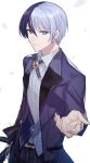  1boy aoki_shizumi aoyagi_touya blazer blue_hair blue_jacket blue_pants bolo_tie collared_shirt grey_background grey_eyes highres jacket looking_at_viewer male_focus mole mole_under_eye multicolored_hair outstretched_arm pants petals project_sekai purple_petals shirt smile solo split-color_hair teeth white_shirt 