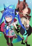  2girls absurdres ahoge animal_ears blue_eyes blue_hair boots bow brown_footwear buttons clenched_hand double-breasted dress ear_covers gradient_hair green_bow grin heterochromia highres hood hood_down hoodie horse_ears horse_girl horse_tail jitome_no_tsugumi long_hair looking_at_viewer multicolored_clothes multicolored_hair multicolored_hoodie multiple_girls nice_nature_(umamusume) open_mouth pinafore_dress pleated_skirt red_bow redhead sharp_teeth skirt sleeveless sleeveless_dress smile streaked_hair striped striped_bow stuffed_animal stuffed_toy tail tail_through_clothes teeth twin_turbo_(umamusume) twintails umamusume upper_teeth_only very_long_hair violet_eyes waving 