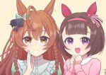  2girls absurdres ahoge animal_ears aqua_bow blue_shirt bob_cut bow braided_sidelock brown_eyes brown_hair clenched_hands commentary_request ear_bow ear_covers ear_ornament hair_ornament highres horse_ears horse_girl long_sleeves looking_at_viewer mejiro_bright_(umamusume) multiple_girls nankanashi nishino_flower_(umamusume) open_mouth pink_shirt shirt simple_background smile umamusume upper_body violet_eyes white_background x_hair_ornament 