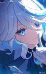  1girl blue_eyes blue_gemstone blue_hair blue_pupils curly_hair finger_to_mouth furina_(genshin_impact) gem genshin_impact gloves hair_between_eyes hair_over_one_eye half_gloves heterochromia light_smile looking_at_viewer multicolored_hair rj_(lingshih10) shushing solo streaked_hair weibo_logo weibo_username white_gloves white_hair 