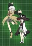  2others androgynous ascot black_coat black_eyes black_hair black_headwear black_shirt black_socks brown_ascot brown_coat brown_footwear chikafumikou coat collarbone collared_shirt commentary detached_sleeves english_commentary enraku_tsubakura green_background green_hakama grey_eyes grey_hair grey_shorts hakama hakama_shorts hat highres houlen_yabusame japanese_clothes layered_sleeves len&#039;en long_sleeves multiple_others neck_ribbon open_mouth purple_trim red_ribbon ribbon sandals shirt short_hair_with_long_locks short_over_long_sleeves short_sleeves shorts sleeveless sleeveless_coat sleeveless_shirt smile socks textless_version v-shaped_eyebrows white_shirt white_sleeves white_socks 