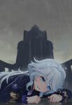  1girl absurdres ahoge blue_eyes blue_jacket commentary crying egert furina_(genshin_impact) genshin_impact grey_hair hair_between_eyes highres jacket long_hair long_sleeves lying on_stomach open_mouth outdoors rain solo upper_body 
