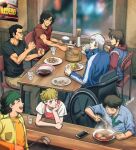  1girl 6+boys aragaki_(megalo_box) artist_name bandana black_hair blonde_hair blue_shirt blush bonjiri_(megalo_box) bowl brown_hair brown_pants cellphone chief_(megalo_box) chihiro_(jnkch6) chopsticks clenched_hand dumpling eating food glass green_bandana holding holding_ladle hood hoodie jacket jiaozi joe_(megalo_box) ladle megalo_box multiple_boys necktie noodles oicho_(megalo_box) pants phone ramen red_hoodie red_shirt restaurant rice_bowl sachio_(megalo_box) santa_(megalo_box) scar scar_on_arm scar_on_face shirato_mikio shirt sitting t-shirt wheelchair white_hair window yellow_jacket yellow_shirt yuuri_(megalo_box) 