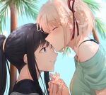  2girls absurdres black_hair blonde_hair blue_shirt blush bob_cut chxoswolf closed_eyes closed_mouth commentary dappled_sunlight day english_commentary hair_ribbon highres holding_hands inoue_takina kiss kissing_forehead long_hair looking_at_another lycoris_recoil multiple_girls nape nishikigi_chisato off_shoulder one_side_up outdoors palm_tree ponytail red_ribbon ribbon shirt sidelocks signature sunlight tree upper_body violet_eyes yuri 