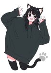  1girl :d ahoge animal_ears black_eyes black_hair black_hoodie black_shorts blush bright_pupils cat_ears cat_girl cat_tail claw_pose commentary_request fangs happy highres hood hoodie long_hair medium_bangs megateru messy_hair original oversized_clothes paw_print shorts simple_background skindentation sleeves_past_wrists smile tail tareme thigh-highs white_background white_pupils 