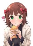  1girl :t absurdres amami_haruka b1ack_illust black_sweater blush breasts brown_hair coat eating food food_on_face green_eyes hair_ribbon heart highres holding holding_food idolmaster idolmaster_(classic) idolmaster_million_live! long_sleeves looking_at_viewer medium_breasts ribbon simple_background smile solo sweater taiyaki upper_body wagashi white_background yellow_coat 