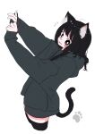  1girl ahoge animal_ears black_eyes black_hair black_hoodie blush cat cat_ears cat_girl cat_tail commentary_request cowboy_shot eyelashes highres hood hoodie leaning_back long_hair megateru messy_hair notice_lines original outstretched_arms oversized_clothes simple_background sleeves_past_wrists solo tail tareme thigh-highs white_background zettai_ryouiki 