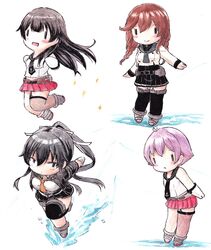  4girls agano_(kancolle) anchor_symbol black_hair black_skirt black_thighhighs braid brown_hair brown_thighhighs chibi closed_mouth gloves grey_sailor_collar hair_between_eyes highres jumping kantai_collection long_hair long_sleeves miniskirt multiple_girls noshiro_(kancolle) noshiro_kai_ni_(kancolle) open_mouth parted_lips pleated_skirt poipoi_purin ponytail purple_hair red_skirt sailor_collar sakawa_(kancolle) school_uniform short_hair single_thighhigh skirt sleeveless sparkle standing thigh-highs twin_braids white_gloves yahagi_(kancolle) 