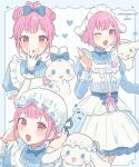 1girl :o ;d alternate_costume blue_bow blue_dress bow cinnamoroll crossover dress frills hat highres juliet_sleeves light_blush long_sleeves looking_at_viewer maid_headdress mob_cap one_eye_closed ootori_emu open_mouth pinafore_dress pink_hair project_sekai puffy_sleeves sanrio seijyohu simple_background sleeveless sleeveless_dress smile white_headwear
