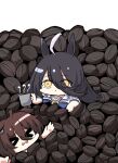  &gt;_&lt; 2girls agnes_tachyon_(umamusume) ahoge animal_ears black_hair blue_shirt bow bowtie brown_hair coffee_beans commentary_request cup ears_down highres holding holding_cup horse_ears kawamochi_(tddm3573) long_hair looking_at_viewer manhattan_cafe_(umamusume) multiple_girls open_mouth shirt short_hair short_sleeves steam umamusume yellow_eyes 