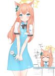 1girl absurdres alternate_costume animal_ears apron badge blue_archive blue_eyes blush cat_ears closed_eyes english_text flower hair_flower hair_ornament halo highres k63sss long_hair looking_at_viewer mari_(blue_archive) orange_hair smile solo white_background 