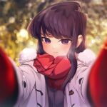  1girl absurdres artist_name black_hair blurry blurry_background blush closed_mouth coat depth_of_field fur_trim gloves highres j_humbo komi-san_wa_komyushou_desu komi_shouko light_particles looking_at_viewer open_clothes open_coat pov red_gloves red_scarf scarf smile sweater violet_eyes winter_clothes winter_coat 