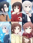 6+girls aoba_moca bang_dream! black_hair blue_eyes blue_hair blush brown_eyes brown_hair green_eyes grey_hair hazawa_tsugumi holding_cup holding_food imai_lisa matsubara_kanon mitake_ran okusawa_misaki pink_eyes red_sweater scarf violet_eyes winter_clothes yasaka_shuu yellow_sweater