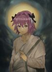  1boy astolfo_(fate) black_bow bow braid closed_mouth fate_(series) hair_bow hair_intakes hand_up highres kowai_(iamkowai) male_focus pink_hair robe solo violet_eyes white_hair 