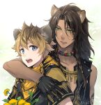  2boys animal_ear_fluff animal_ears arm_around_shoulder artist_name bandana black_gloves black_hair black_jacket blonde_hair blue_eyes braid brown_shirt collarbone commentary_request dandelion dark-skinned_male dark_skin fangs flower gloves gold_necklace green_background green_eyes hair_between_eyes highres jacket jewelry lapels leona_kingscholar lion_ears long_hair male_focus multicolored_hair multiple_boys nagiayase necklace open_clothes open_jacket open_mouth orange_bandana parted_bangs redhead ruggie_bucchi scar scar_across_eye shirt short_hair short_sleeves side_braids sidelocks simple_background sleeveless sleeveless_jacket sleeveless_shirt streaked_hair teeth tongue tooth_necklace twin_braids twisted_wonderland upper_body upper_teeth_only white_background yellow_flower zipper zipper_pull_tab 