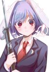  1girl animal_ears ayu3_vd bayonet black_jacket blazer closed_mouth collared_shirt dress_shirt floppy_ears gun highres holding holding_gun holding_weapon jacket long_sleeves looking_at_viewer necktie purple_hair rabbit_ears red_eyes red_necktie reisen_(touhou_bougetsushou) rifle shirt short_hair simple_background solo touhou_bougetsushou upper_body weapon white_background white_shirt wing_collar 