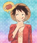  1boy aco_peda black_eyes black_hair boned_meat food gradient_background hand_on_own_chin hat imagining long_sleeves looking_up male_focus meat monkey_d._luffy one_piece open_clothes open_shirt pectoral_cleavage pectorals red_shirt scar scar_on_cheek scar_on_face shirt short_hair solo straw_hat thought_bubble toned toned_male tongue tongue_out upper_body 