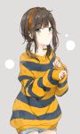  1girl black_sweater blue_shorts brown_hair closed_mouth cowboy_shot expressionless green_eyes grey_background hairband looking_at_viewer low_twintails orange_hairband original shiina_kuro shorts simple_background sleeves_past_wrists solo striped striped_sweater sweater twintails two-tone_sweater yellow_sweater 