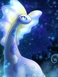  absurdres aurorus blue_eyes blue_gemstone dinosaur forehead_jewel gem highres long_neck long_tail night night_sky no_humans pokemon pokemon_(creature) sauropod sky tail yujyu 