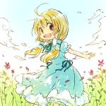  1girl :d ahoge blonde_hair blue_dress blue_ribbon brown_eyes collared_dress commentary_request dated_commentary day dress feet_out_of_frame field flower flower_field frilled_sleeves frills green_ribbon hair_tubes long_hair looking_at_viewer lowres no_sclera open_mouth original outdoors pink_flower puffy_short_sleeves puffy_sleeves rakuni ribbon short_sleeves smile solo teeth twintails upper_teeth_only wind 