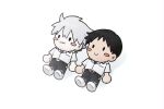  absurdres belt black_hair blush_stickers brown_belt chibi grey_hair highres holding_hands ikari_shinji maayamer nagisa_kaworu neon_genesis_evangelion school_uniform shirt simple_background smile tokyo-3_middle_school_uniform white_background white_footwear white_shirt 