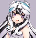  1girl :d bare_shoulders black_choker black_hair blunt_bangs choker dress fire_emblem fire_emblem_engage gau_fe highres long_hair looking_at_viewer multicolored_hair open_mouth sleeveless sleeveless_dress smile solo two-tone_hair upper_body veyle_(fire_emblem) violet_eyes white_dress white_hair wing_hair_ornament 