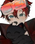  1boy black_cat black_hair cat fang goggles goggles_on_head green_eyes hair_between_eyes high_collar highres holostars holostars_english jacket knx light_blush looking_at_viewer machina_x_flayon machiroon_(machina_x_flayon) male_focus multicolored_hair portrait red_jacket redhead short_hair smile solo two-tone_hair virtual_youtuber white_background 