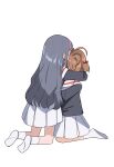  2girls absurdres brown_hair cardcaptor_sakura child daidouji_tomoyo hairband highres hug kinomoto_sakura multiple_girls pink_hairband ra_ru_ni school_uniform simple_background skirt socks tomoeda_elementary_school_uniform white_background white_skirt white_socks 