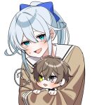  1boy 1girl alban_knox alban_knox_(2nd_costume) blue_bow blue_eyes bow brown_hair earrings green_eyes grey_eyes grey_hair hair_bow heterochromia highres jewelry long_hair nana72710193 nijisanji nijisanji_en open_mouth ponytail smile virtual_youtuber yukishiro_mahiro yukishiro_mahiro_(2nd_costume) 